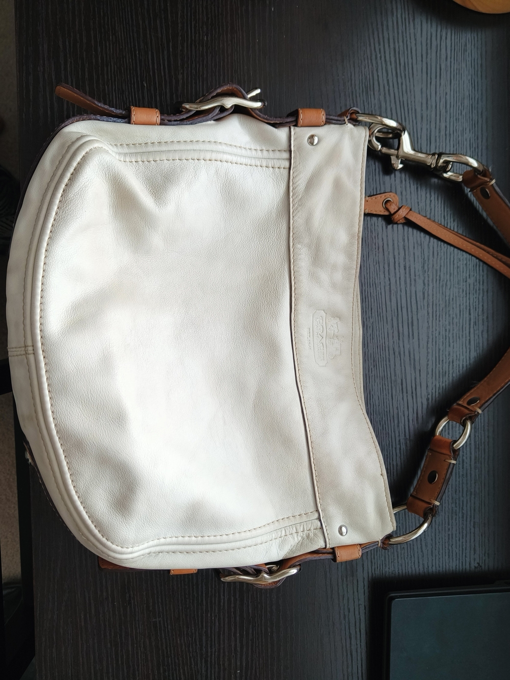 Coach Zoe Cream Leather Shoulder Bag with Tan Accents